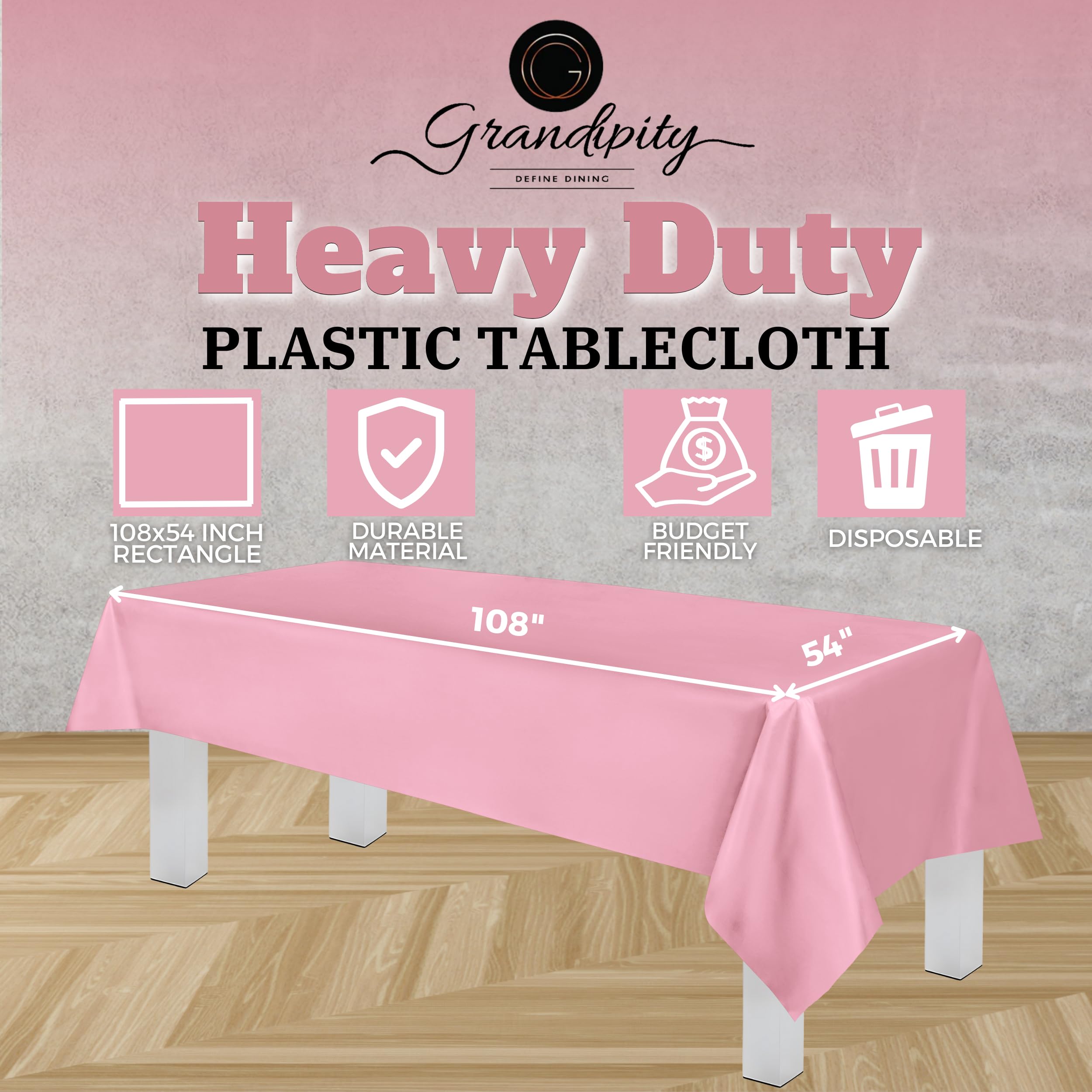 Grandipity Pink Plastic Table Cloth Disposable (6 Pk) 54In X 108In Plastic Tablecloths For Rectangle Tables - Premium Party Tabl